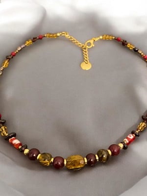 Choker de olho de tigre, jade rubi pérolas e cristais