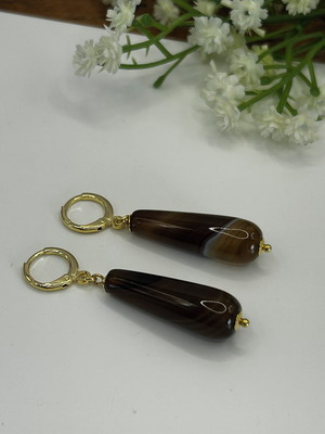 Brinco argola pedras naturais ágata marrom - banho ouro 18k