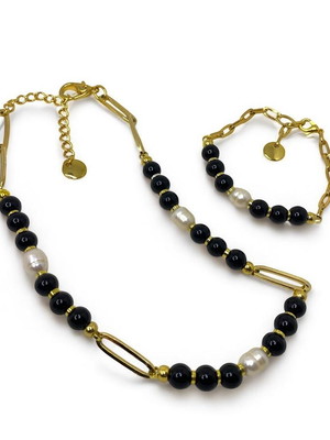 Conjunto gargantilha e pulseira ônix e pérolas naturais