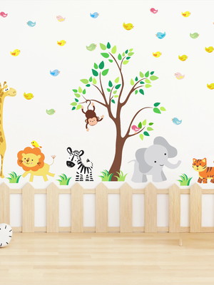 Adesivo de parede - árvore safari infantil + kit passarinhos