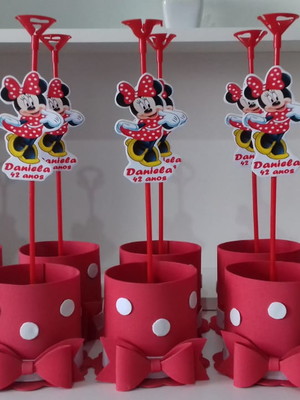 Kit com 12 centro / enfeite de mesa minnie vermelha - mod 1