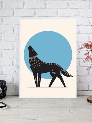 Quadro decorativo lobo boho - lua azul