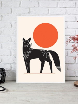 Quadro decorativo lobo boho - lua vermelha