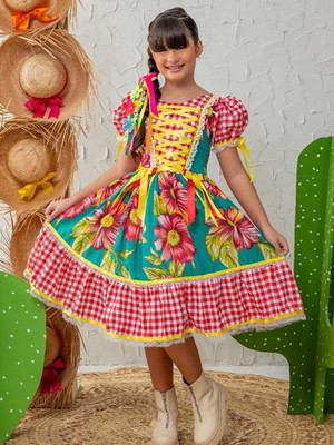 Vestido festa junina infantil luxo coração verde claro