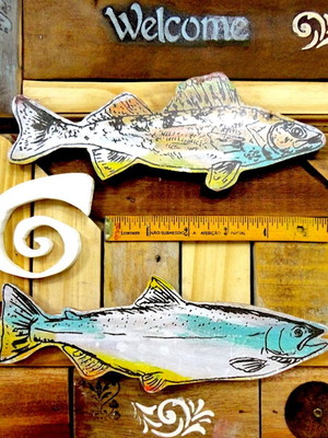 Quadro rústico mosaico de madeira - peixes - 50 x 60cm