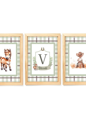 Kit quadro decorativo quarto infantil cavalinho de balanço