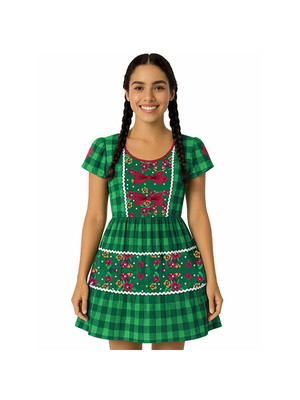 Vestido adulto manga curta temático festa junina verde