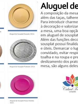 Aluguel sousplat 10 unid vários modelos frete chamar no chat