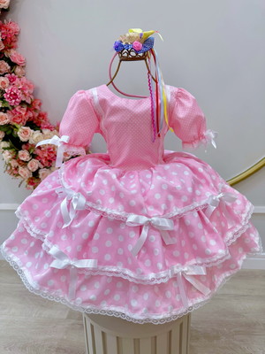 Vestido infantil junino arraiá rosa claro saia 4 ao 10