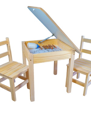 Conjunto mesa mesinha bau de madeira com 2 cadeiras infantil