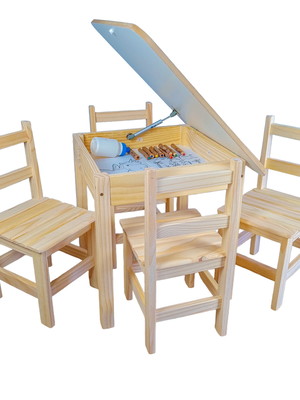 Conjunto mesa mesinha bau de madeira com 4 cadeiras infantil