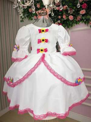 Vestido infantil noivinha junina com renda pink e laços