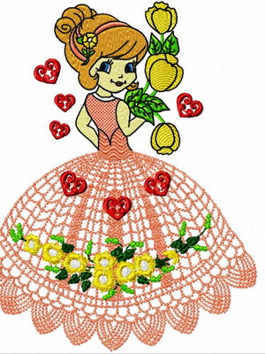Matriz bordado boneca para pano de prato com saia