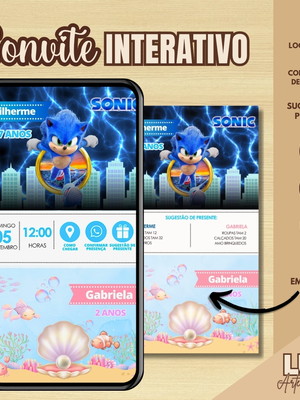 Convite interativo dois temas/duplo - sonic e fundo do mar