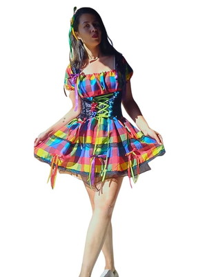 Vestido caipira junino cores camadas luxo
