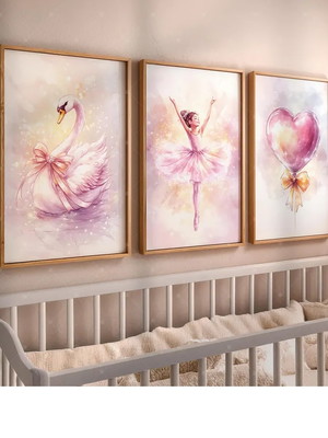 Kit 3 quadros quart menina bailarina cisne cor de rosa
