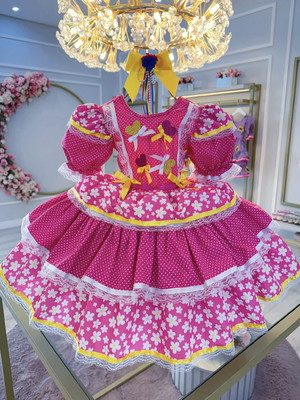 Vestido infantil festa junina flores pink