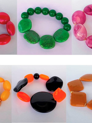 Kit com 6 pulseira bolas resina e fio silicone