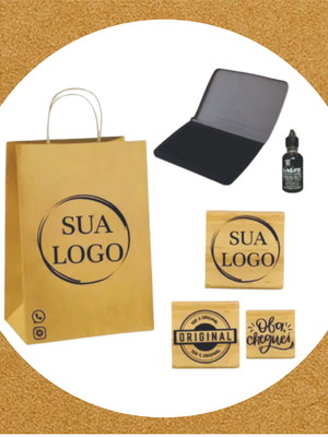 Kit 3 carimbos logo / 10x10, 7,3 + almofada e tinta preta.