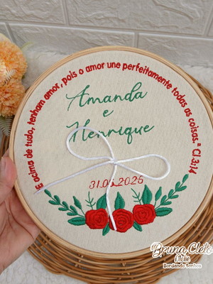 Porta alianças de casamento bordado floral rosas