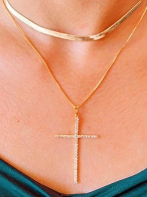 Colar laminado e colar cruz cravejado banhado a ouro 18k