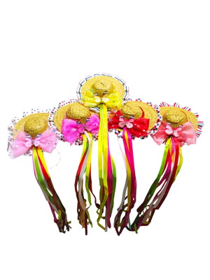 Mini chapéu de palha decorado festa junina e fitas colridas