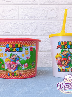 Kit cinema copo 480ml+baldinho (temas) super mario 2 cd021