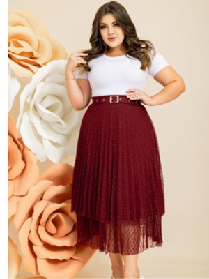 Saia godê mídi plissada de tule poá - moda evangélica