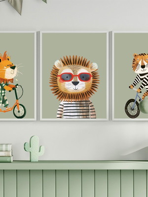 Kit 3 quadros de bebe animais safari com molduras