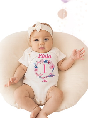 Body mesversario kit 12 meses com nome circulo flores r2474