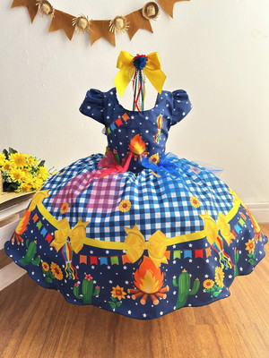 Vestido infantil junino azul xadrez tam 4 ao 16