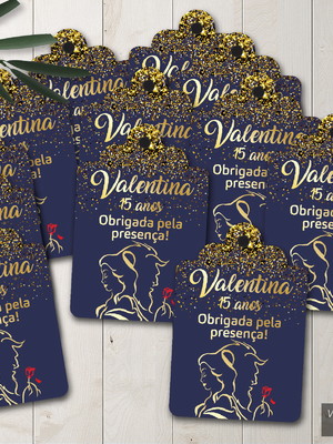 Tag com furo a bela e a fera azul marinho com dourado