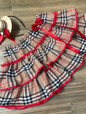 Saia xadrez burberry 2 babados e tiara junina juvenil