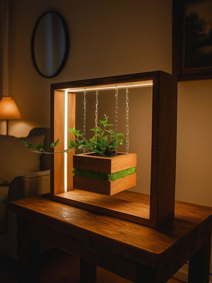Luminária decorativa de mesa em madeira com vaso suspenso