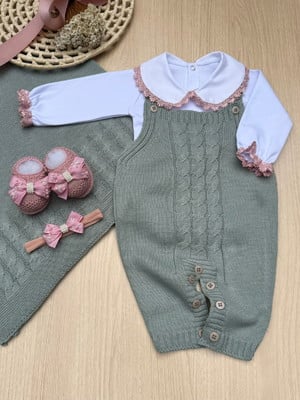 Saída de maternidade menina jardineira verde completa tricot