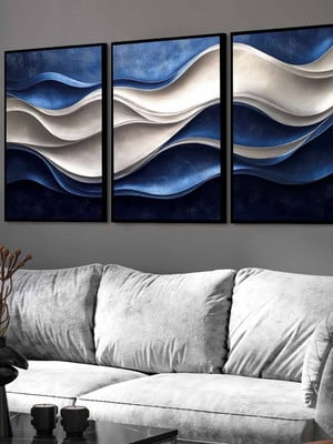 3 quadro abstrato azul prata brilhoso com molduras