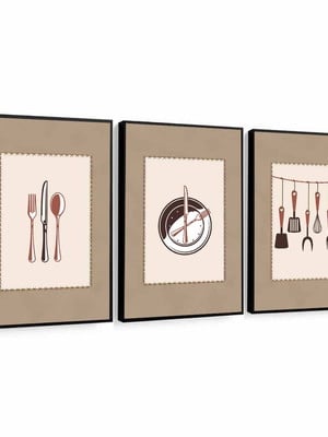 Kit 3 quadros cozinha talheres restaurante com molduras