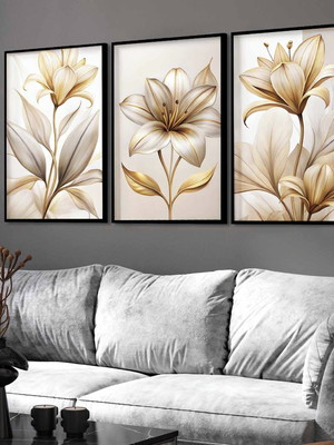 Kit 3 quadros flores douradas modernas molduras