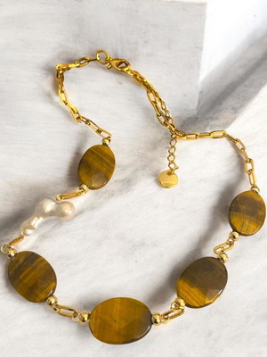 Colar elegante olho de tigre oval com pérola biwa