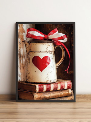Quadro com jarro rústico coração e laço vermelho 2127