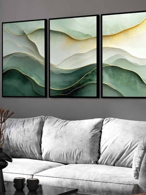 Kit 3 quadros abstrato verde listras minimalista molduras