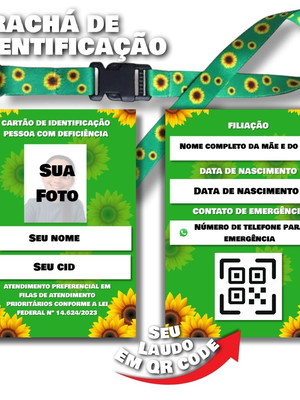 Kit cordão girassol + crachá + qr code com seu laudo médico