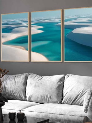 3 quadro decoração praia azul areia mar moderno moldura