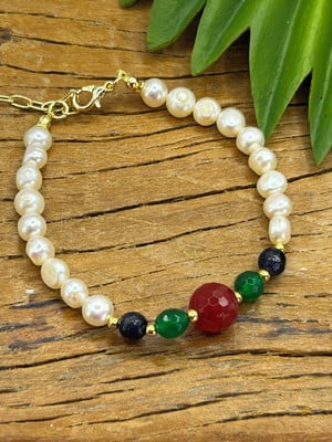 Pulseira pérolas naturais e pedras coloridas - banho ouro