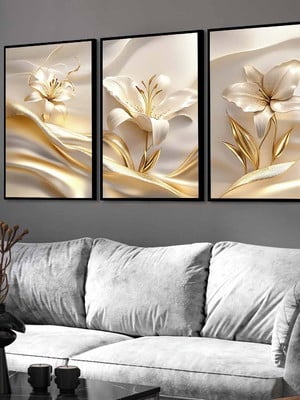 Kit 3 quadros flores douradas modernas abstrato molduras