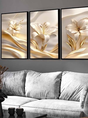 3 quadros trio flores douradas modernas molduras