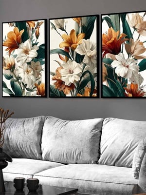 Kit 3 quadros flores folhas coloridas trio molduras