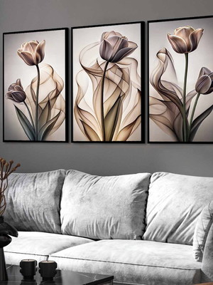 Kit 3 quadros flores minimalistas douradas modernas molduras