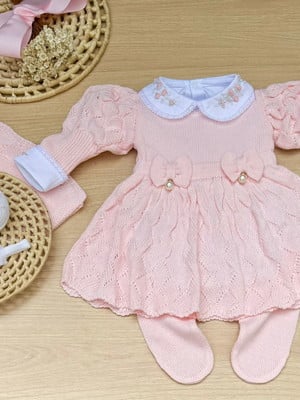 Saída de maternidade menina tricot rosa vestido bufante