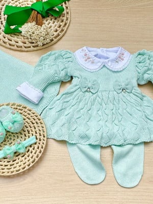 Saída de maternidade menina tricot verde vestido bufante